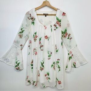 Sequin Hearts Dress S White Pink Floral Bell Sleeve Crochet Lined Cottagecore
